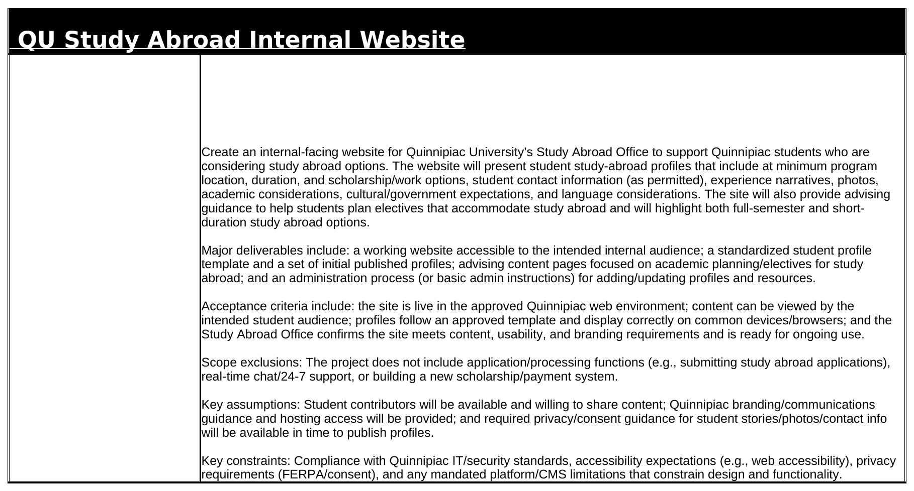 Scope Statement detailing deliverables, acceptance criteria, exclusions, assumptions, and constraints for the QU Study Abroad Internal Website